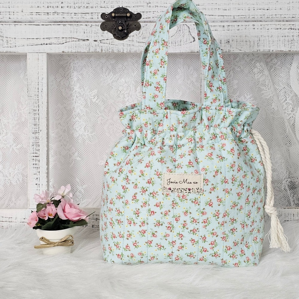 Jovie Mae XO Blush Garden Floral Drawstring Tote Bag Cottagecore Handmade